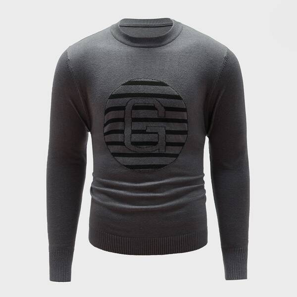 

Men Letter And Striped Pattern Sweater, Dark grey