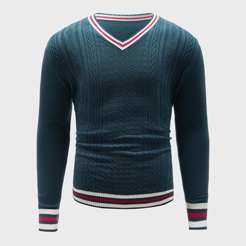 

Guys Striped Pattern V Neck Sweater, Teal blue
