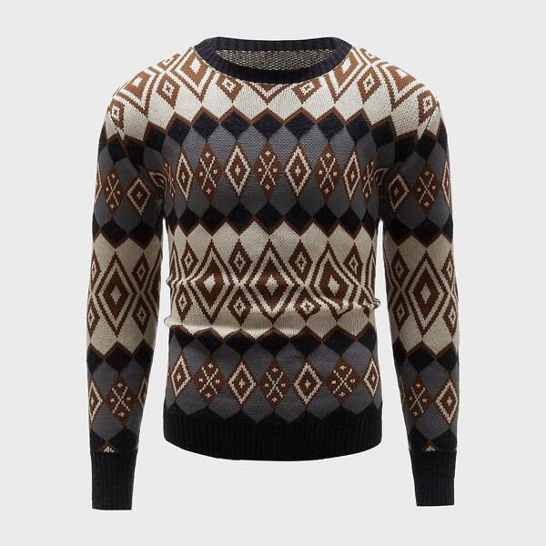 

Men Argyle Pattern Round Neck Sweater, Multicolor
