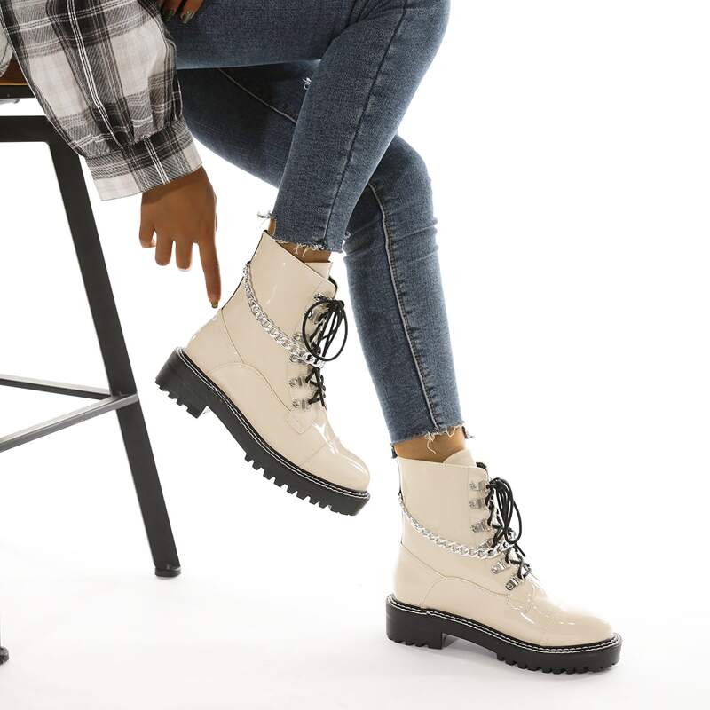 

Chain Decor Patent Leather Combat Boots, Beige