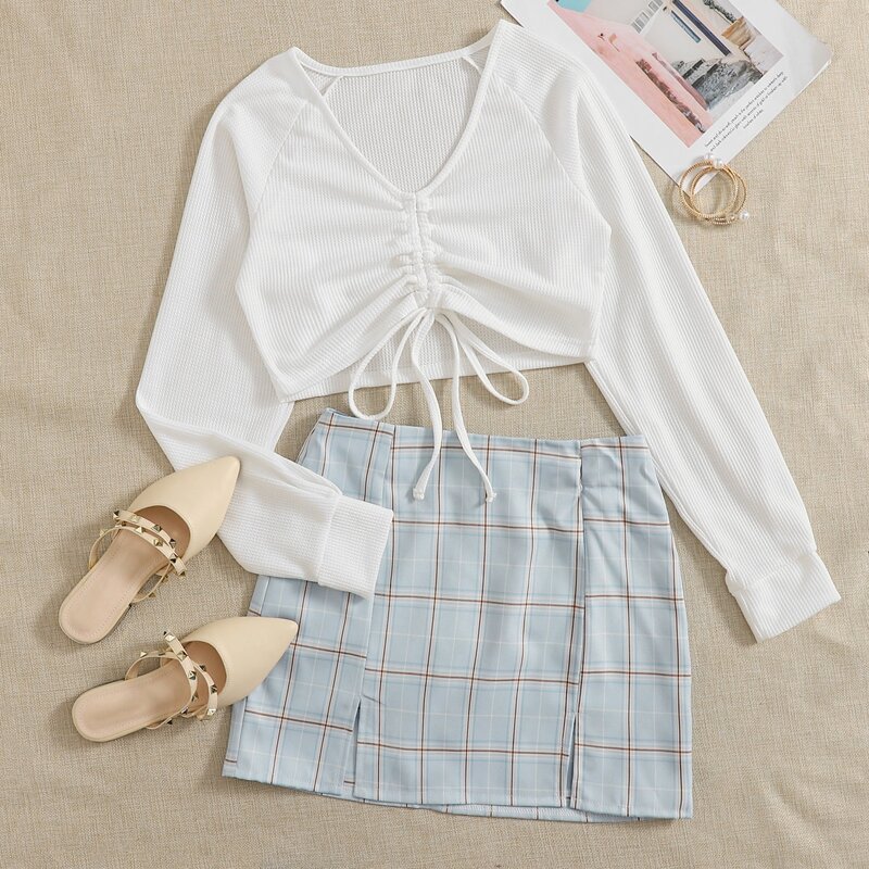 

Drawstring Front Rib Top & Plaid Skirt, Multicolor