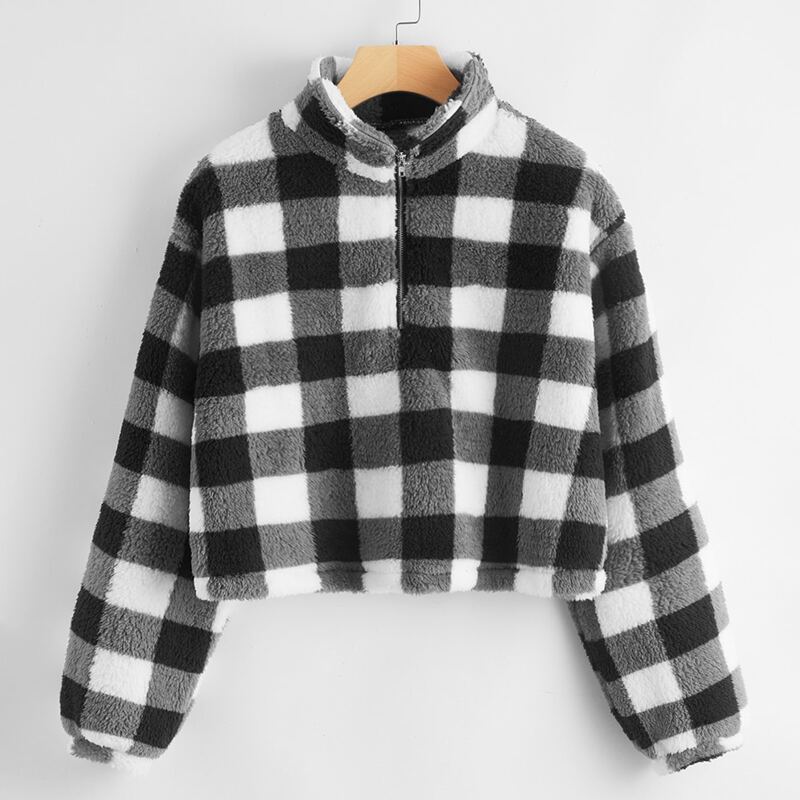 

Gingham Fluffy Half-zip Sweatshirt, Black and white