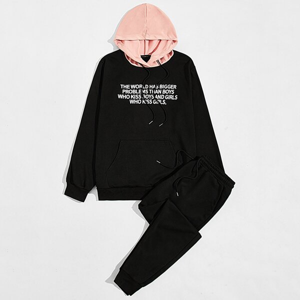 

Men Colorblock Slogan Graphic Drawstring Hoodie With Sweatpants, Black