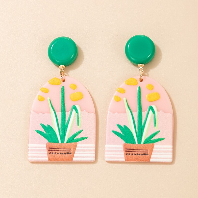 

Potted Plants Pattern Geo Drop Earrings, Pink