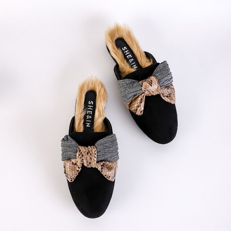 

Bow Decor Contrast Faux Fur Flat Mules, Black
