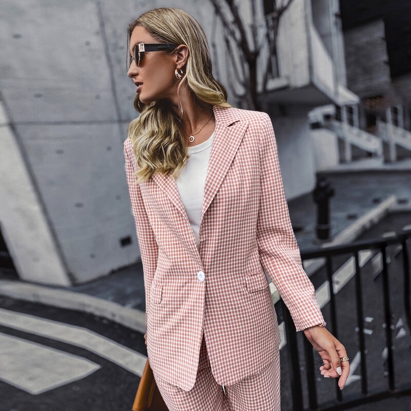 

Lapel Collar Gingham Single Button Blazer, Baby pink