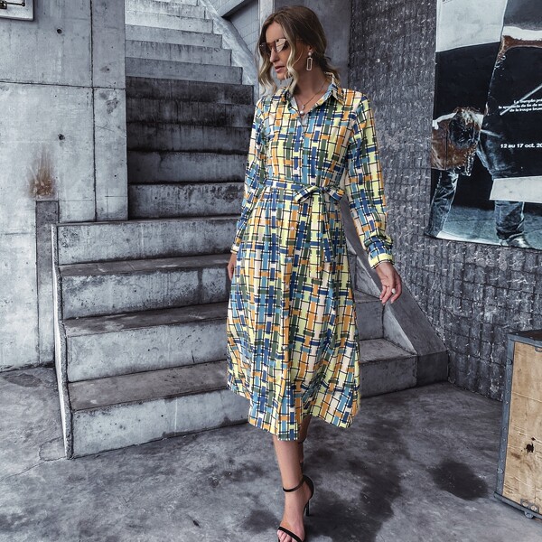 

Plaid Belted Button Front Shirt Dress, Multicolor