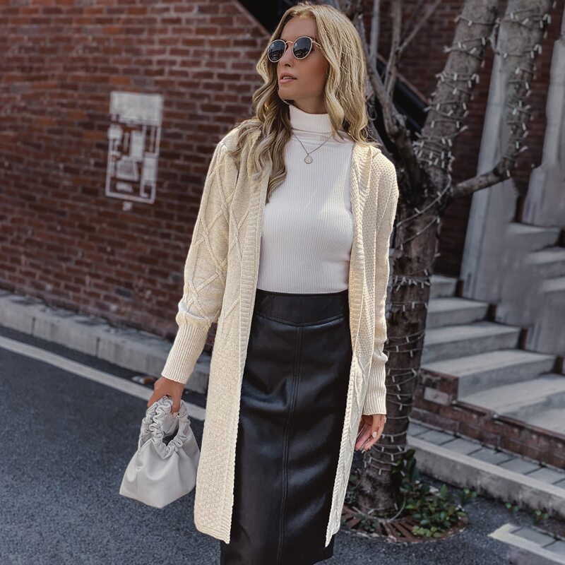 

Solid Open Front Hooded Cardigan, Beige
