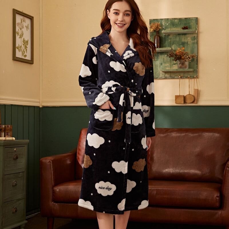 

Letter & Star Print Self Tie Flannel Robe, Navy blue
