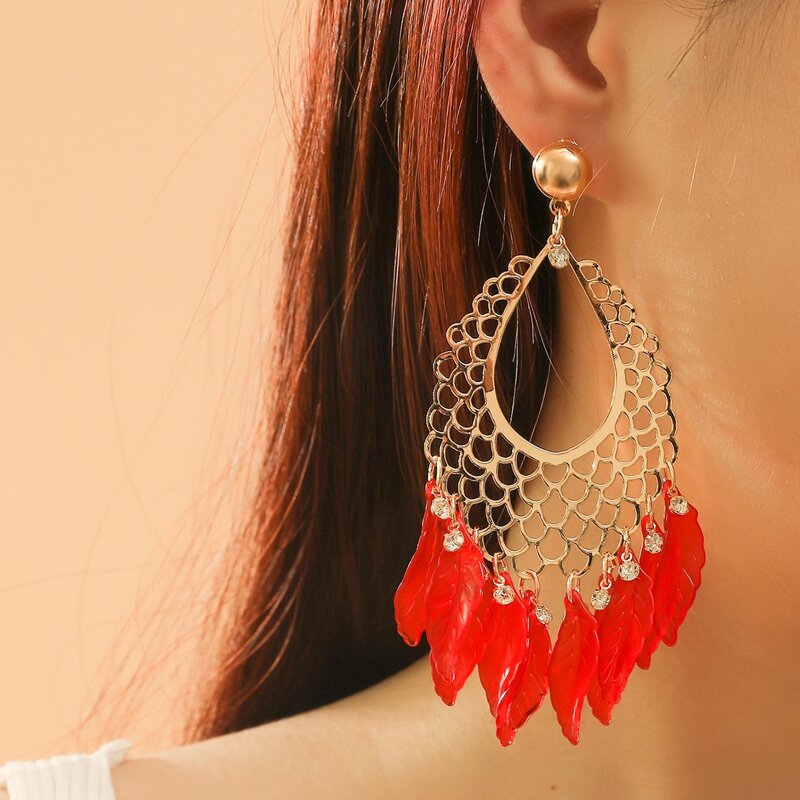 

Hollow Out Leaf Drop Earrings, Red
