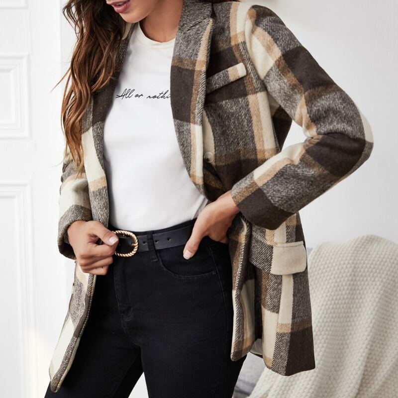 

Lapel Collar Plaid Double Breasted Blazer, Multicolor