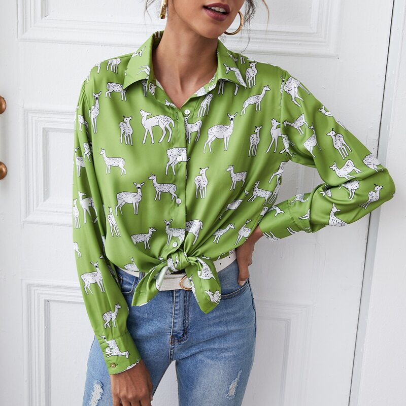 

Allover Cartoon Animal Print Tunic Blouse, Lime green