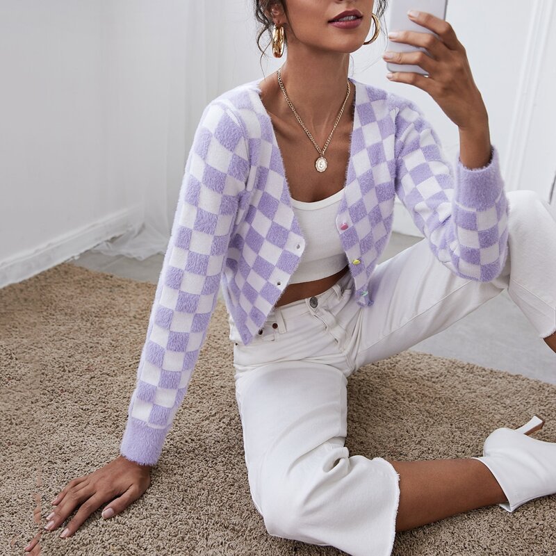 

Checkerboard Pattern Button Up Cardigan, Multicolor