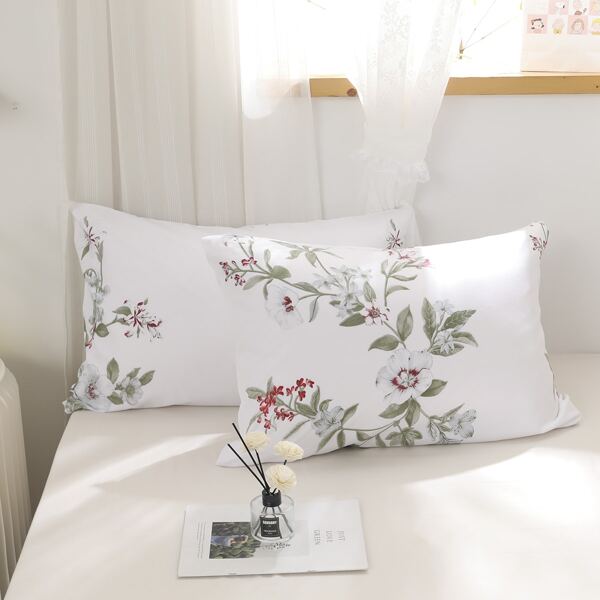 

1pair Flower Print Pillowcase Without Filler, White
