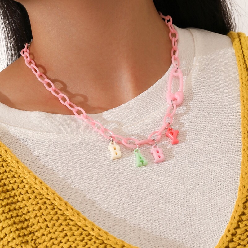 

Letter Chunky Chain Necklace, Pink