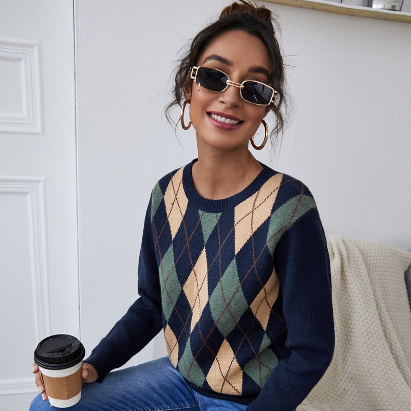 

Argyle Pattern Round Neck Sweater, Multicolor