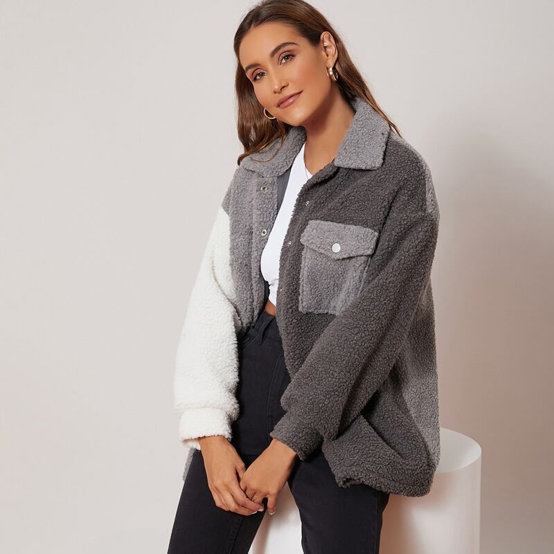 

Flap Pocket Single Breasted Colorblock Teddy Coat, Grey