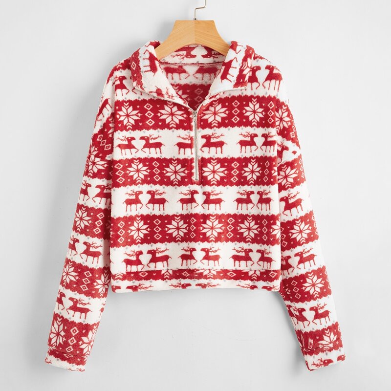 

Christmas Deer Pattern Half-zip Sweatshirt, Red and white