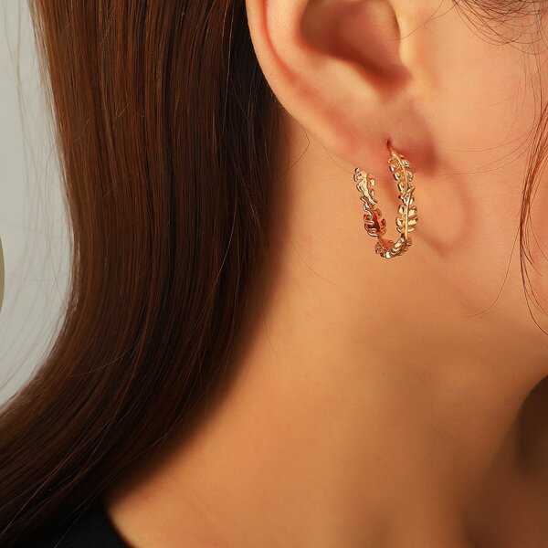 

Leaf Design Cuff Hoop Earrings, Gold
