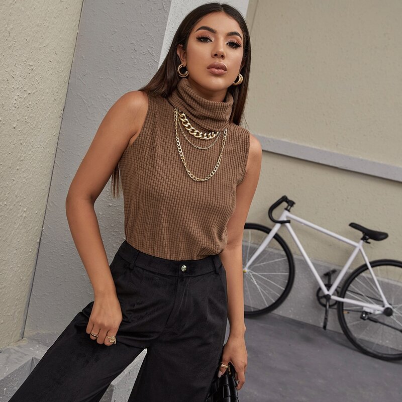 

Turtleneck Waffle Knit Tank Top, Mocha brown