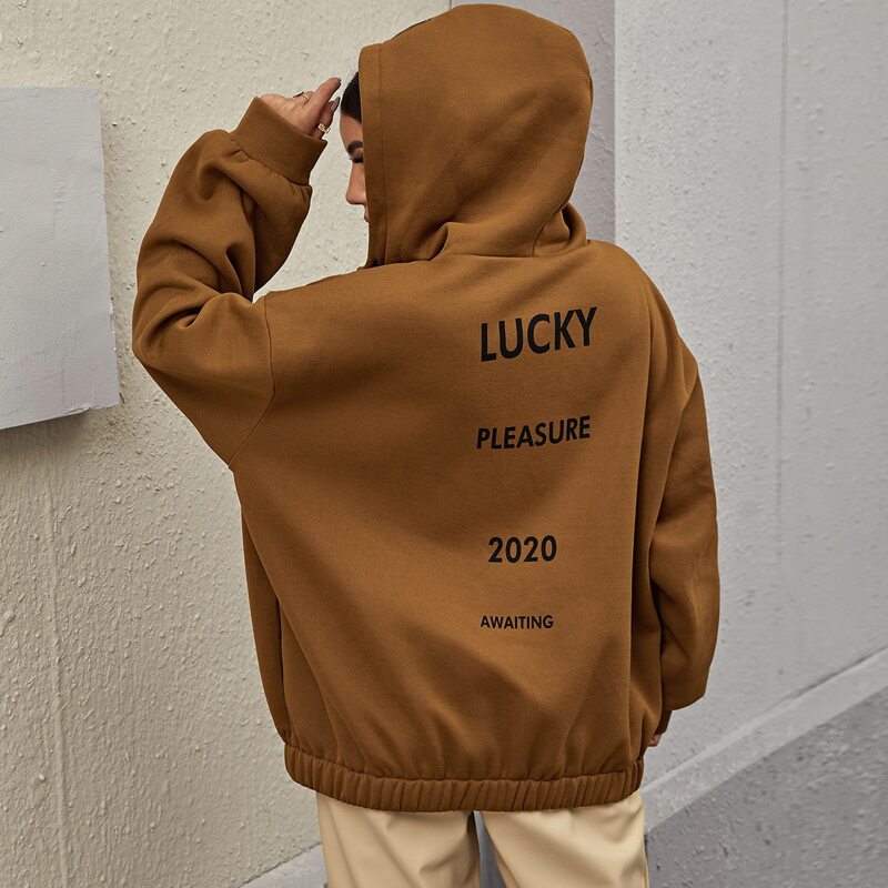 

Letter Graphic Zip Up Oversized Hoodie, Brown