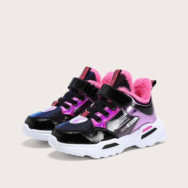 

Girls Color Block Fur Lined Chunky Sneakers, Black