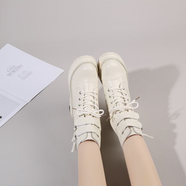 

Double Zipper Decor Combat Boots, Beige