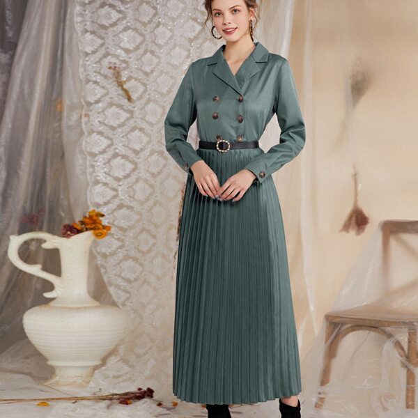 

Double Breasted Belted Pleated Hem Dress, Teal blue