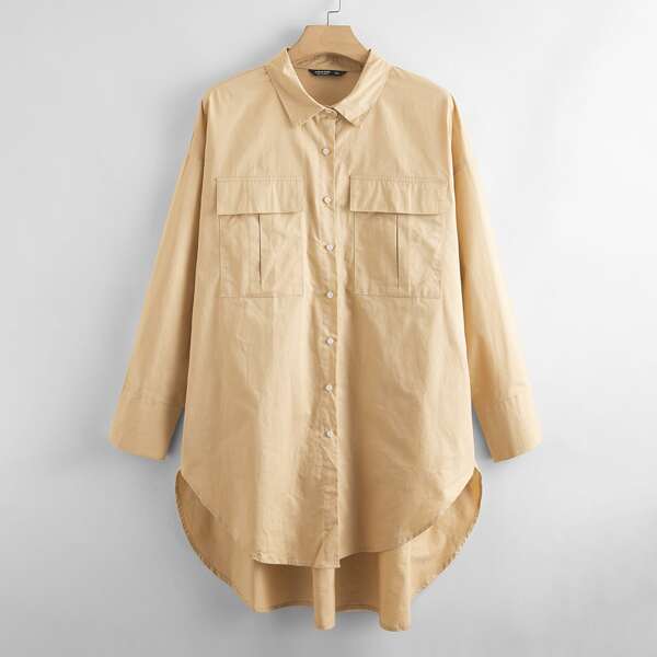 

Plus Button Front Flap Pocket High Low Hem Dress, Khaki