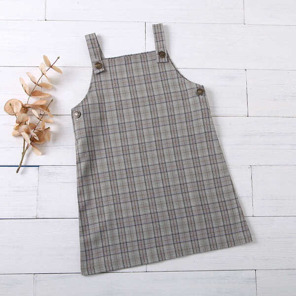 

Toddler Girls Plaid Button Detail Overall Dress, Grey
