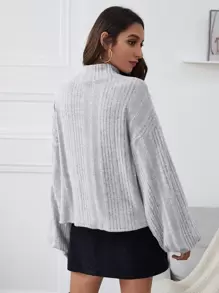 SHEIN Essnce Top tejido de canalé de manga farol de cuello embudo - Gris Claro - Ver 2