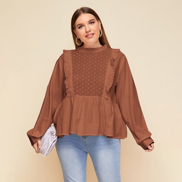 

Plus Eyelet Embroidery Ruffle Trim Peplum Blouse, Rust brown