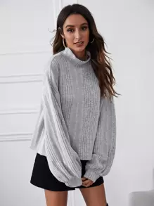 SHEIN Essnce Top tejido de canalé de manga farol de cuello embudo - Gris Claro - Ver 3