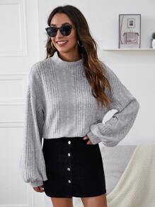 SHEIN Essnce Top tejido de canalé de manga farol de cuello embudo - Gris Claro - Ver 4