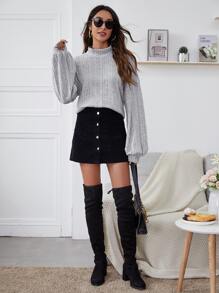 SHEIN Essnce Top tejido de canalé de manga farol de cuello embudo - Gris Claro - Ver 5