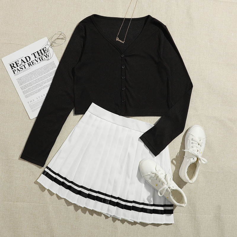 

Button Up Tee & Varsity Striped Pleated Skirt, Black and white