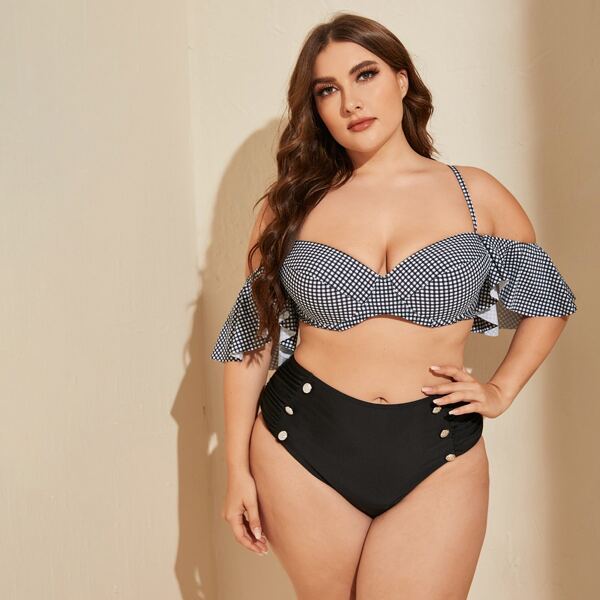 

Plus Gingham Ruffle Trim Underwire Bikini Swimsuit, Black