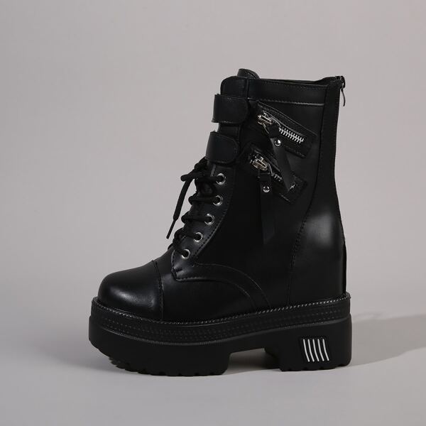 

Double Zipper Decor Combat Boots, Black