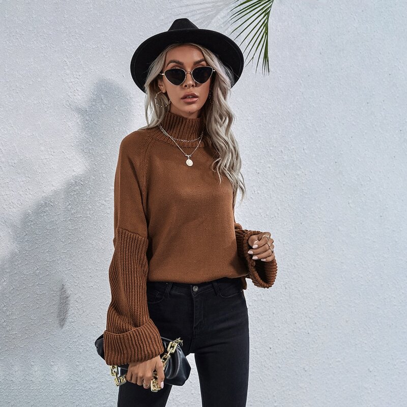 

Solid Mock Neck Drop Shoulder Sweater, Coffee brown