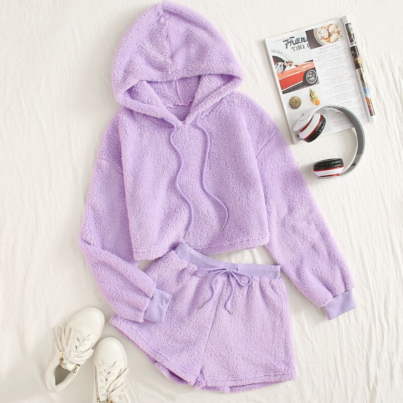 

Solid Teddy Drawstring Hoodie & Shorts, Lilac purple