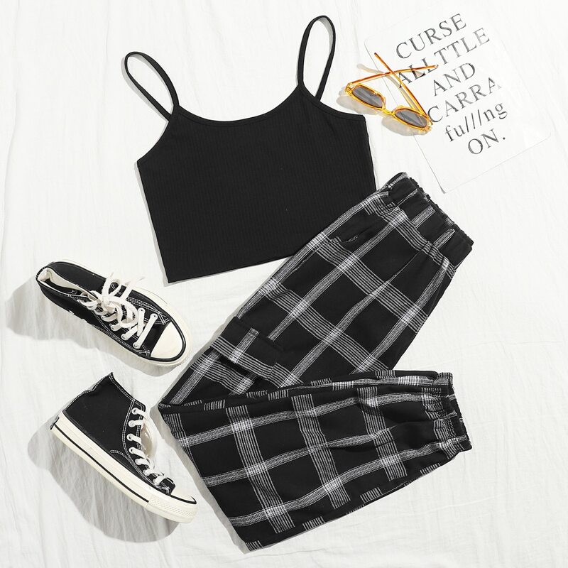 

Crop Cami Top & Plaid Pants, Black
