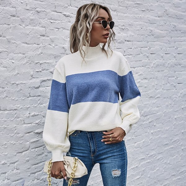 

High Waist Color Block Sweater, Blue and white