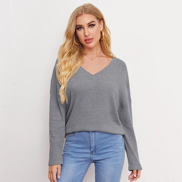 

V-neck Drop Shoulder Rib-knit Tee, Grey