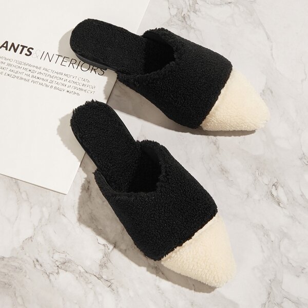 

Point Toe Fluffy Mules, Black and white