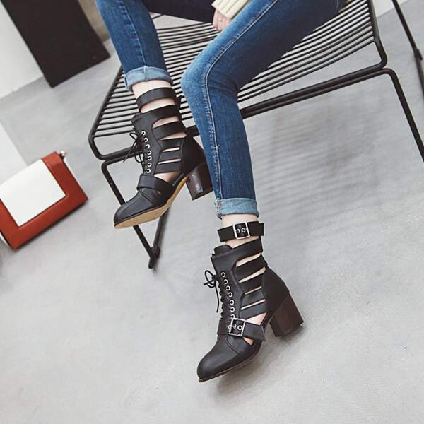 

Ladder Cut-out Chunky Heeled Lace-up Boots, Black
