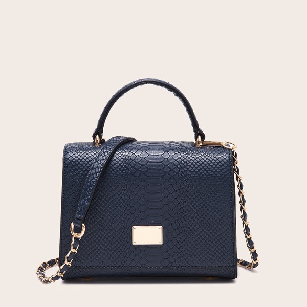 

Snakeskin Flap Satchel Bag, Blue