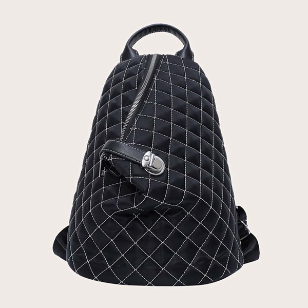 

Quilted Push Lock Decor Backpack, Black