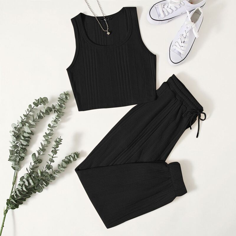 

Ribbed Crop Tank Top & Drawstring Waist Pants Set, Black
