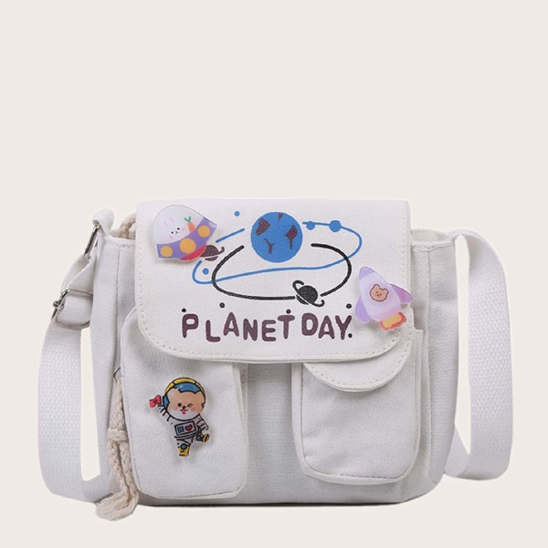 

Kids Cartoon Decor Canvas Crossbody Bag, White