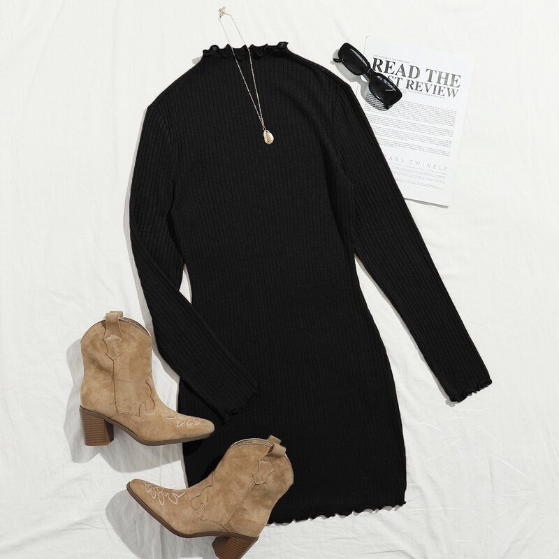 

Mock Neck Lettuce Trim Bodycon Dress, Black